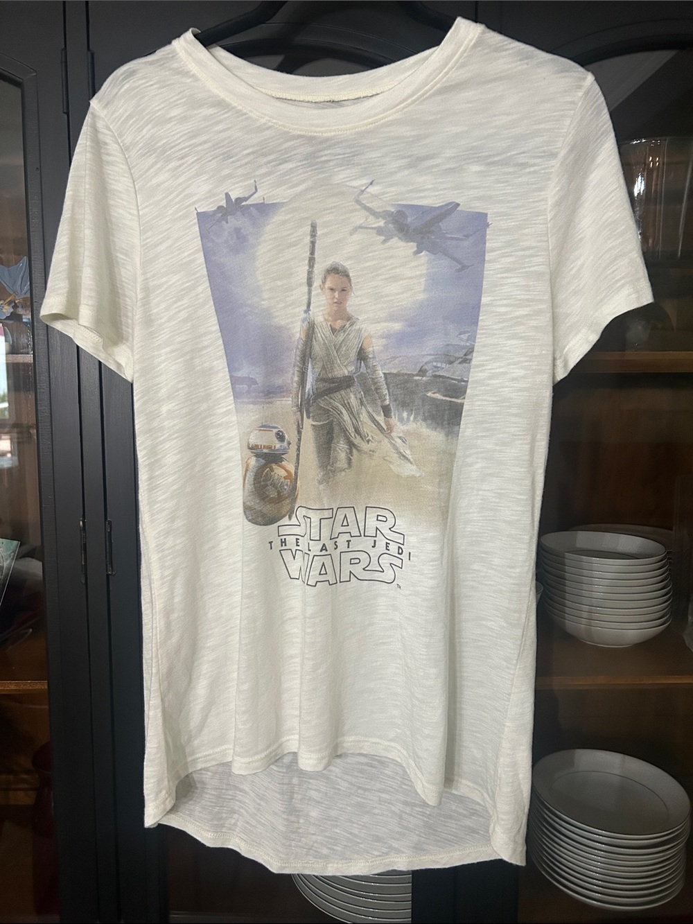 Distressed Star Wars Short Sleeve Graphic Tee with Pale Blue and Tan Print